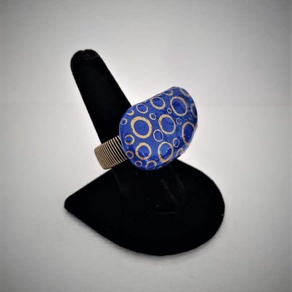 Hand Painted Dot Art Cobalt and Gold Statement Ring - Picture 1 of 5